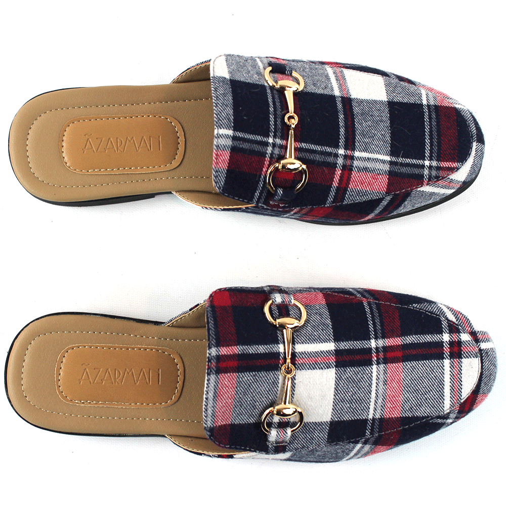 Blue Plaid Backless Slip On Gold Buckle Loafer - Image 3