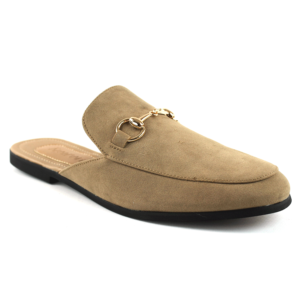 Tan Suede Backless Slip On Gold Buckle Loafer - Image 4