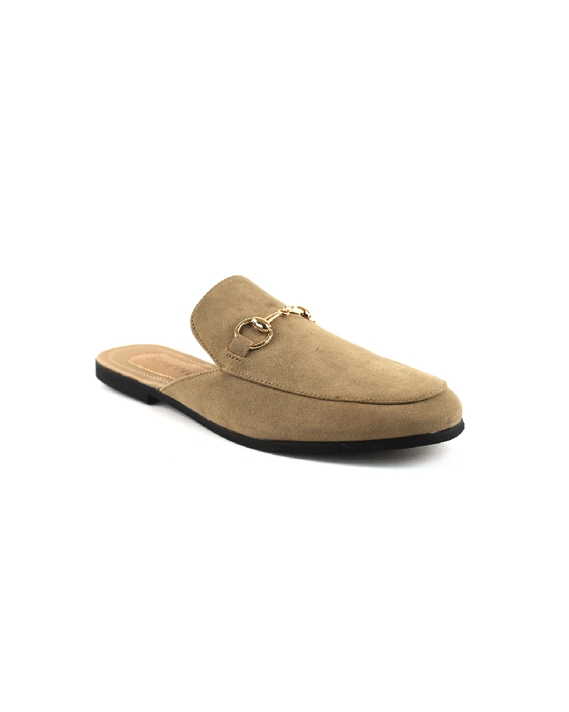 Tan Suede Backless Slip On Gold Buckle Loafer