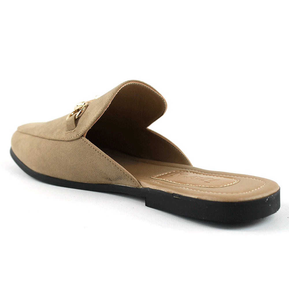 Tan Suede Backless Slip On Gold Buckle Loafer - Image 5