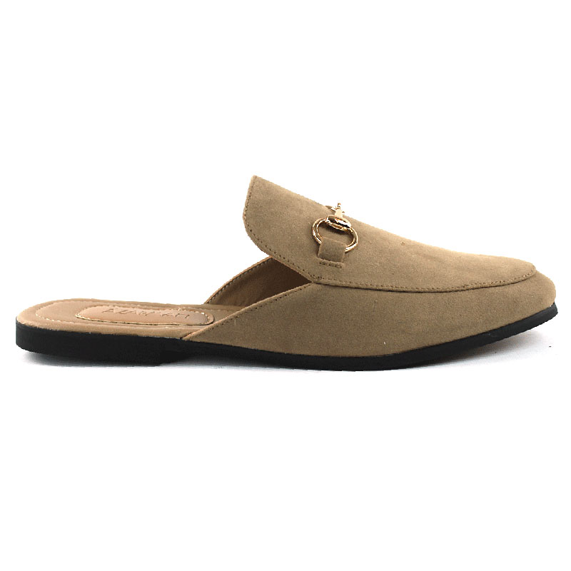 Tan Suede Backless Slip On Gold Buckle Loafer