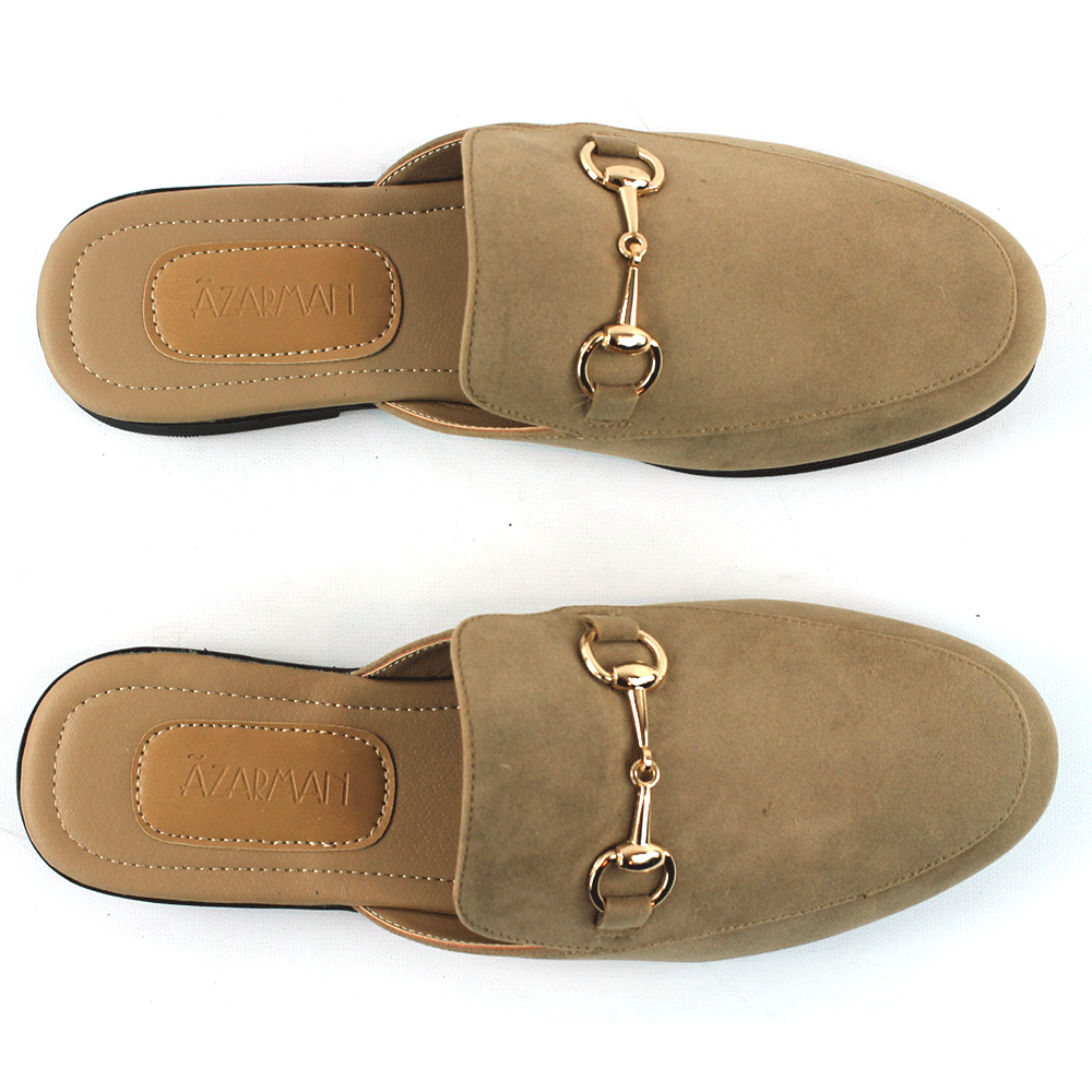 Tan Suede Backless Slip On Gold Buckle Loafer - Image 3