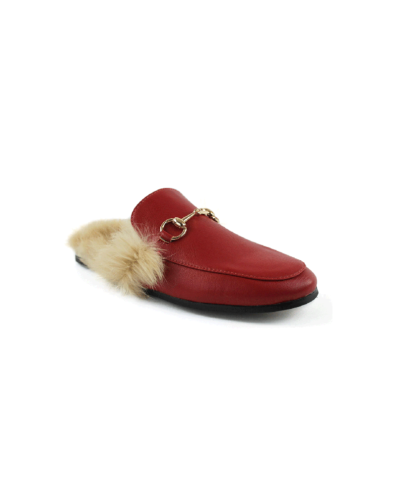 Red Leather Backless Slip On Fur Gold Buckle Loafer