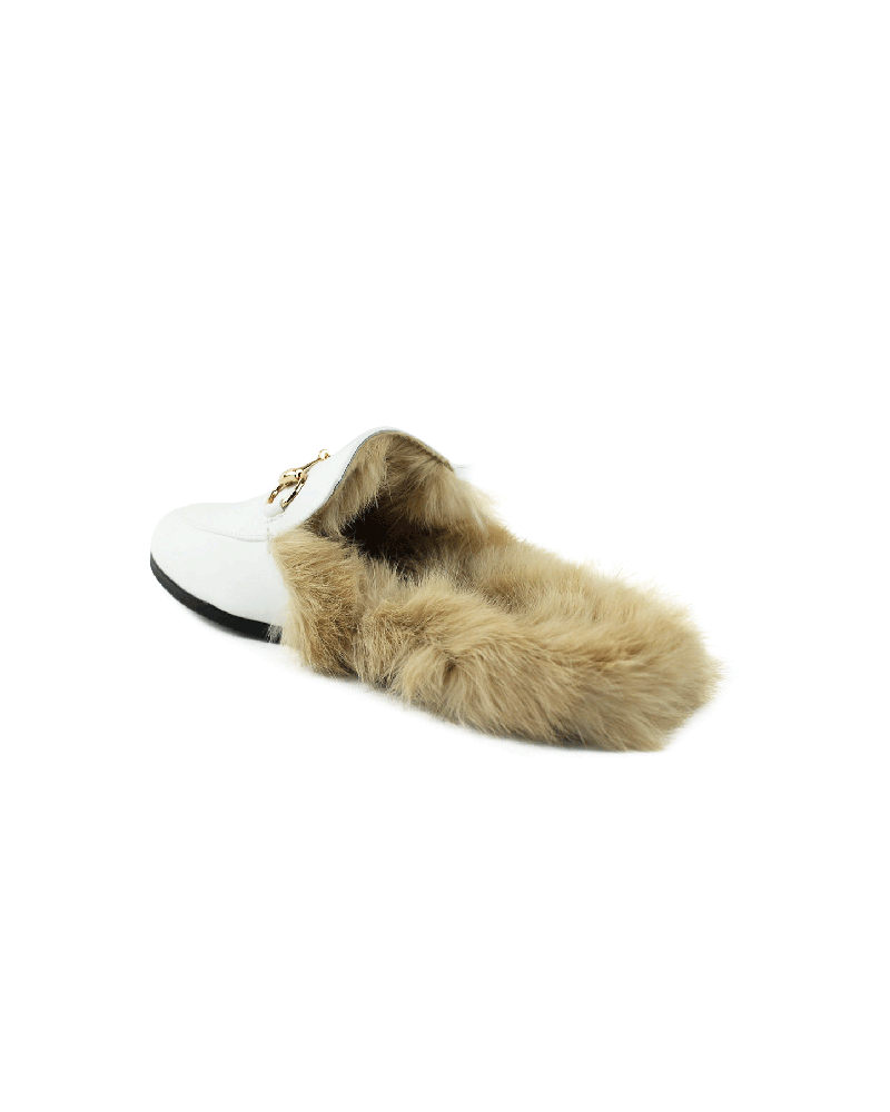 Alternative view of White Leather Backless Slip On Fur Gold Buckle Loafer