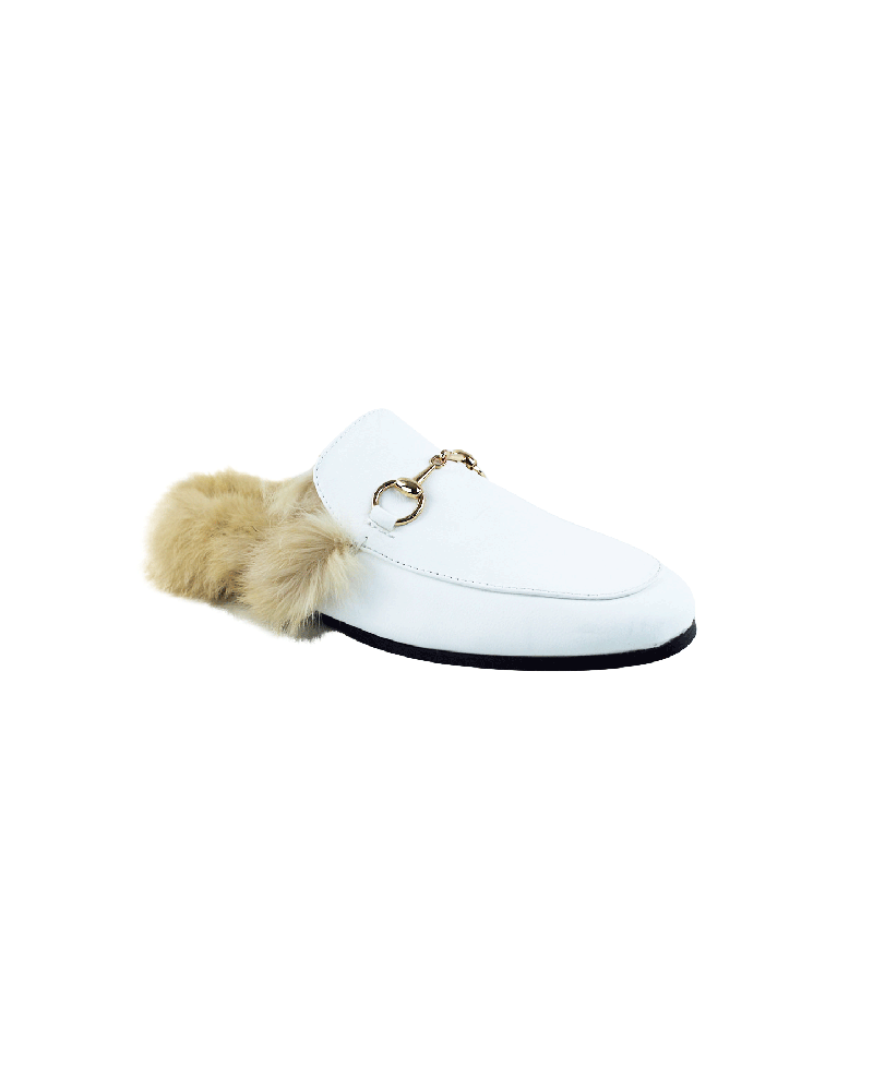White Leather Backless Slip On Fur Gold Buckle Loafer