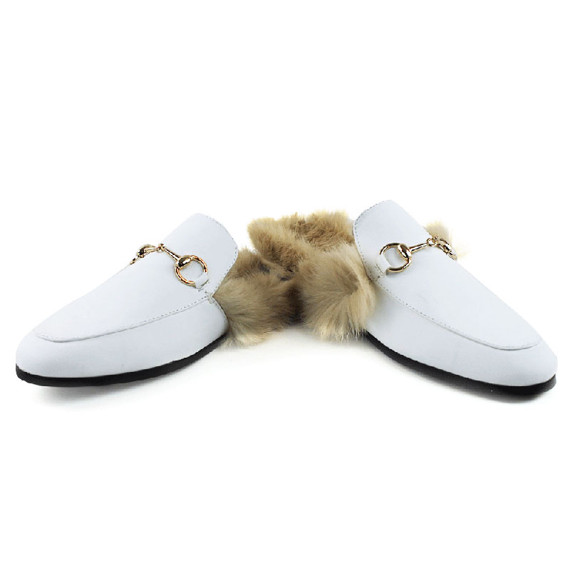 Alternative view of White Leather Backless Slip On Fur Gold Buckle Loafer
