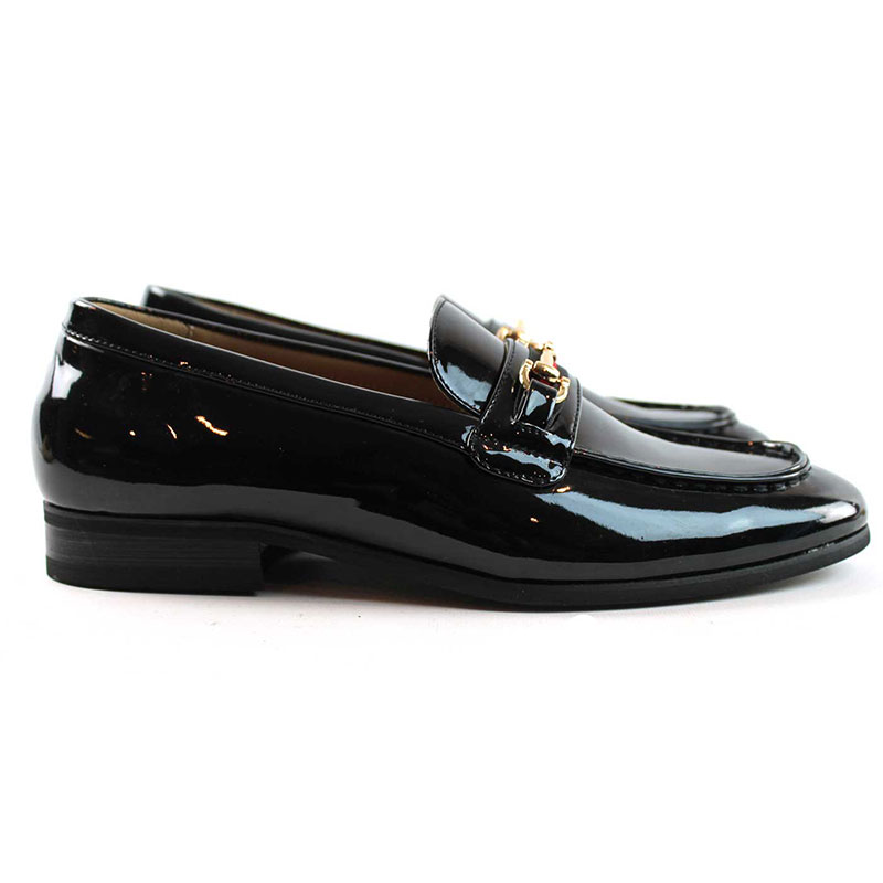 Men's Slip On Patent Black Loafers With Buckle