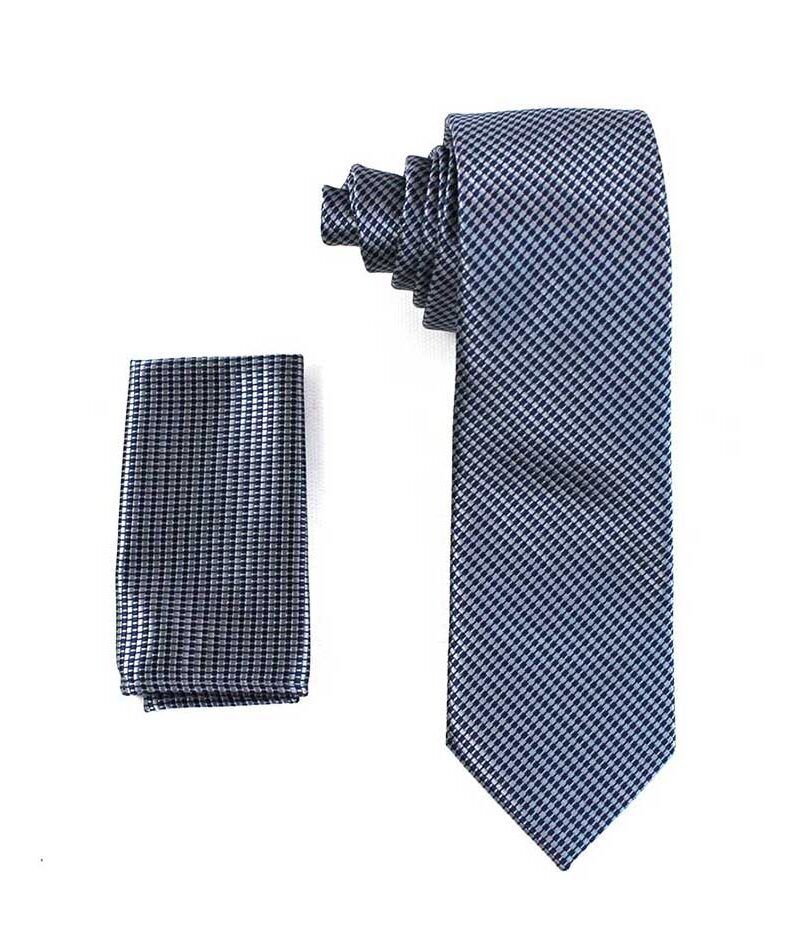 Houndstooth Blue Grey Slim/Medium Neck Tie & Pocket Square Set 2.75"