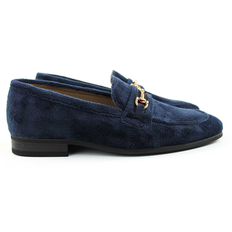 Men's Slip On Navy Blue Velvet Loafers With Buckle