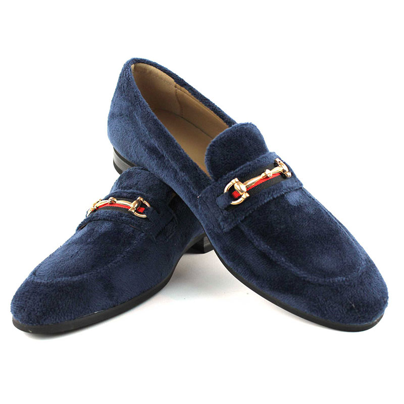 Alternative view of Men's Slip On Navy Blue Velvet Loafers With Buckle