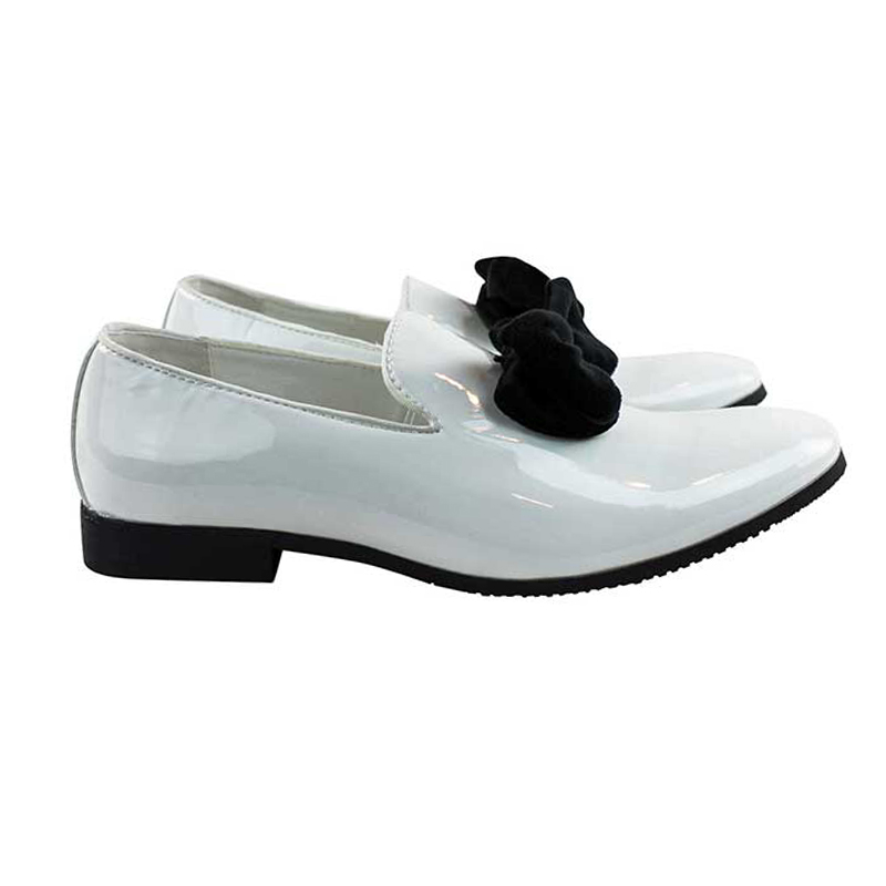 Slip On White Patent With Black Velvet Bow On Top Dress Shoes