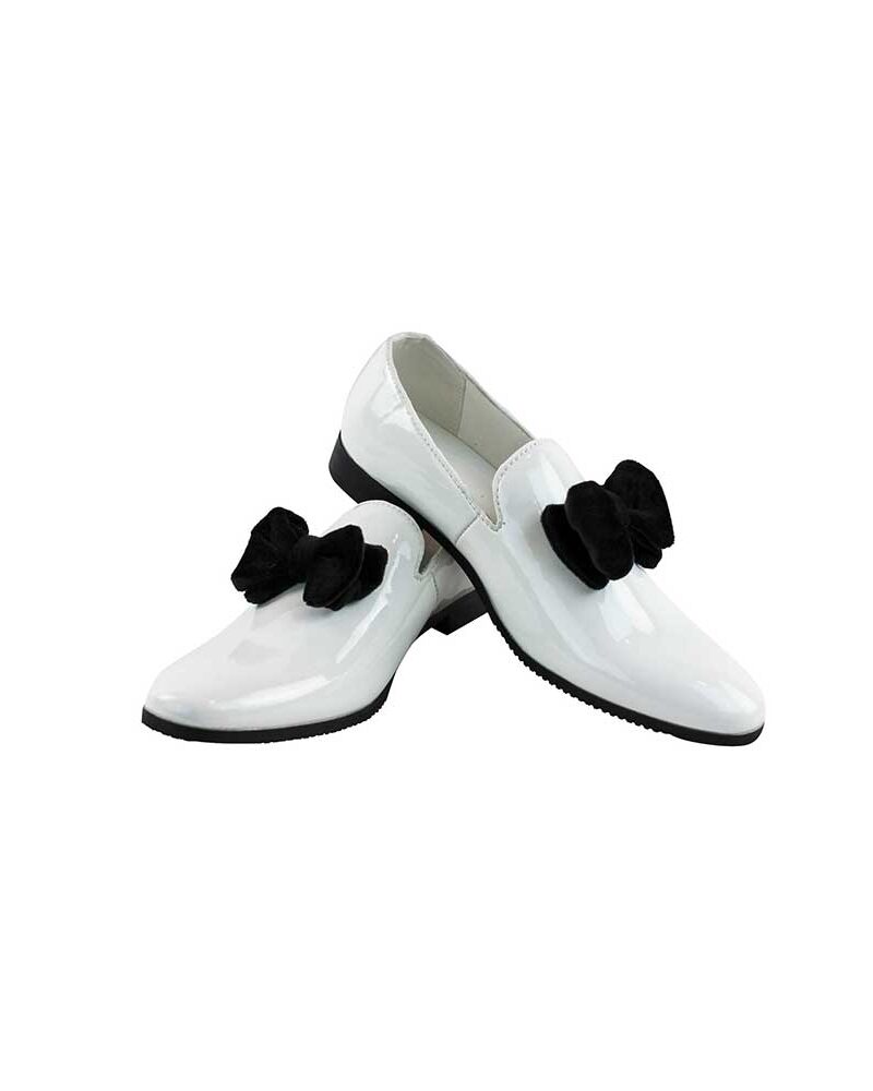Slip On White Patent With Black Velvet Bow On Top Dress Shoes