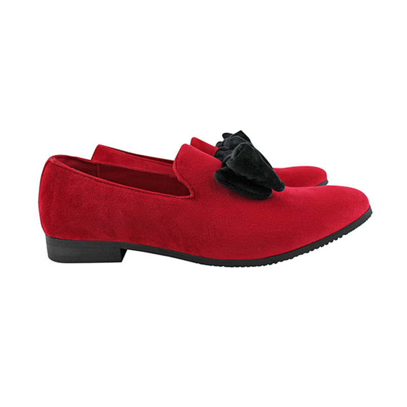 Slip On Red Velvet With Black Velvet Bow On Top Dress Shoes
