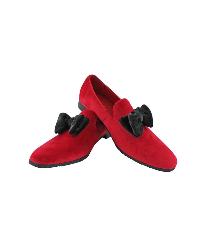 Slip On Red Velvet With Black Velvet Bow On Top Dress Shoes