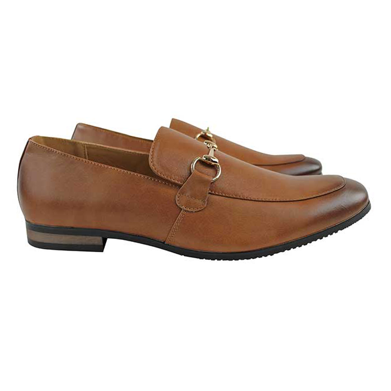 Genuine Leather Mens Cognac Brown Slip On Loafers Gold Buckle Dress Shoes