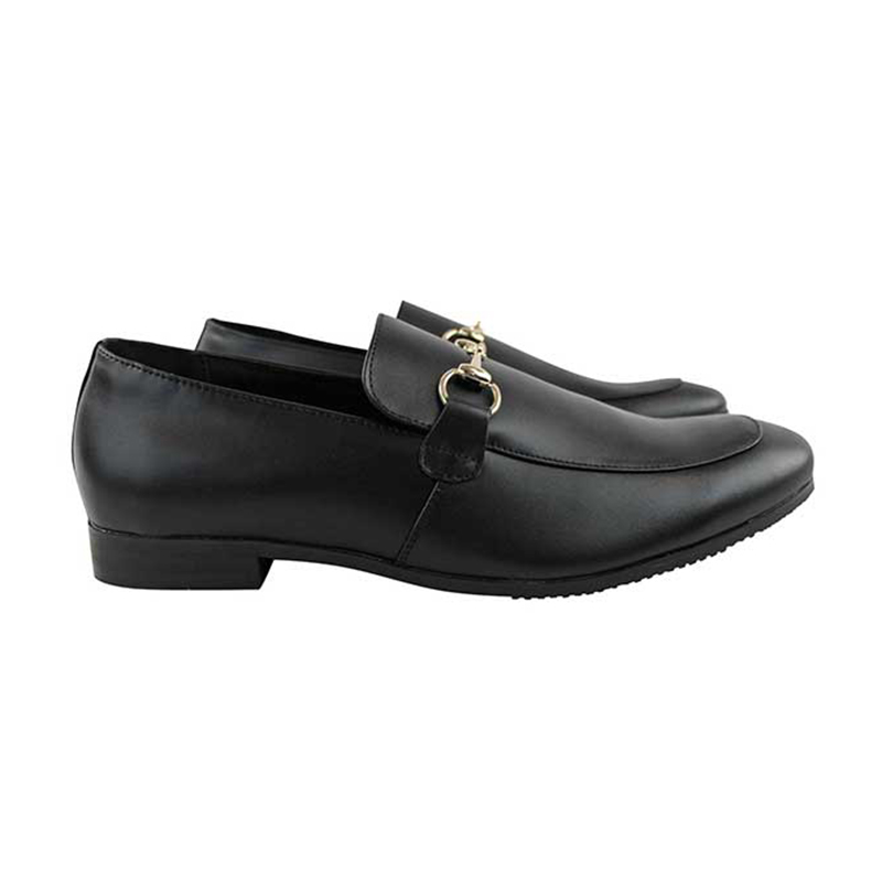 Genuine Leather Mens Black Slip On Loafers Gold Buckle Dress Shoes