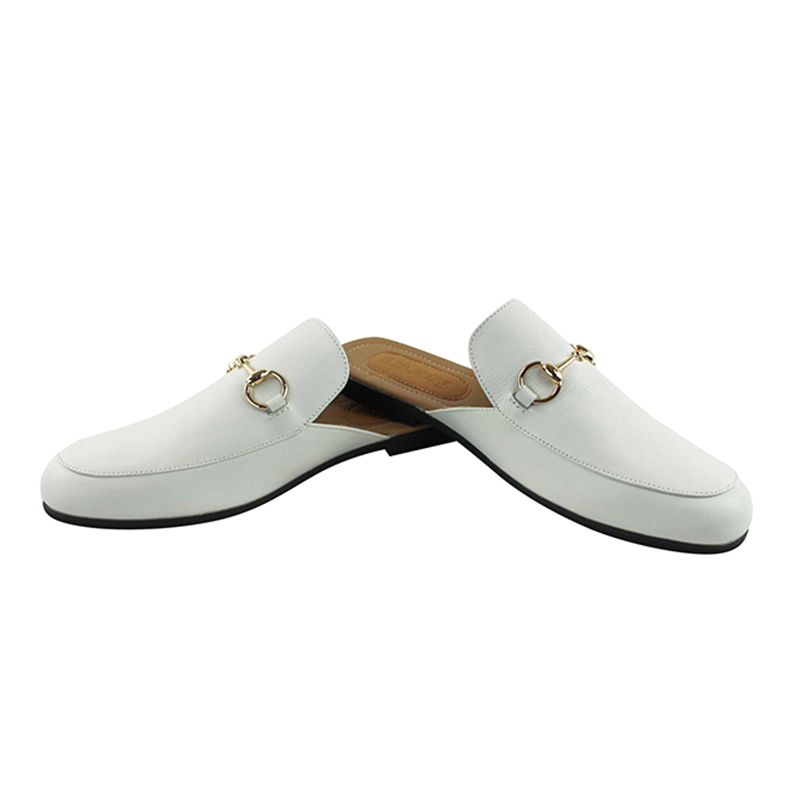 Alternative view of White Leather Backless Slip On Gold Buckle Loafer Mule