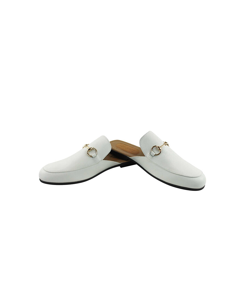 Alternative view of White Leather Backless Slip On Gold Buckle Loafer Mule
