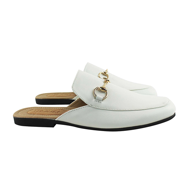 White Leather Backless Slip On Gold Buckle Loafer Mule