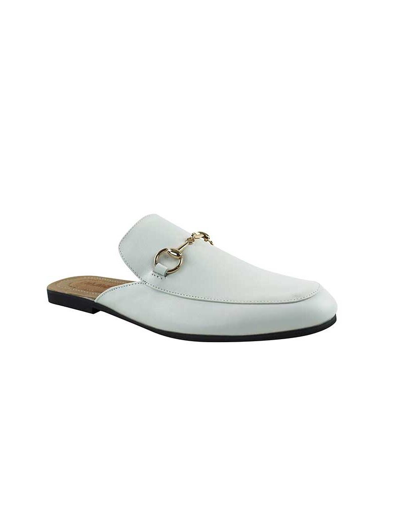 White Leather Backless Slip On Gold Buckle Loafer Mule