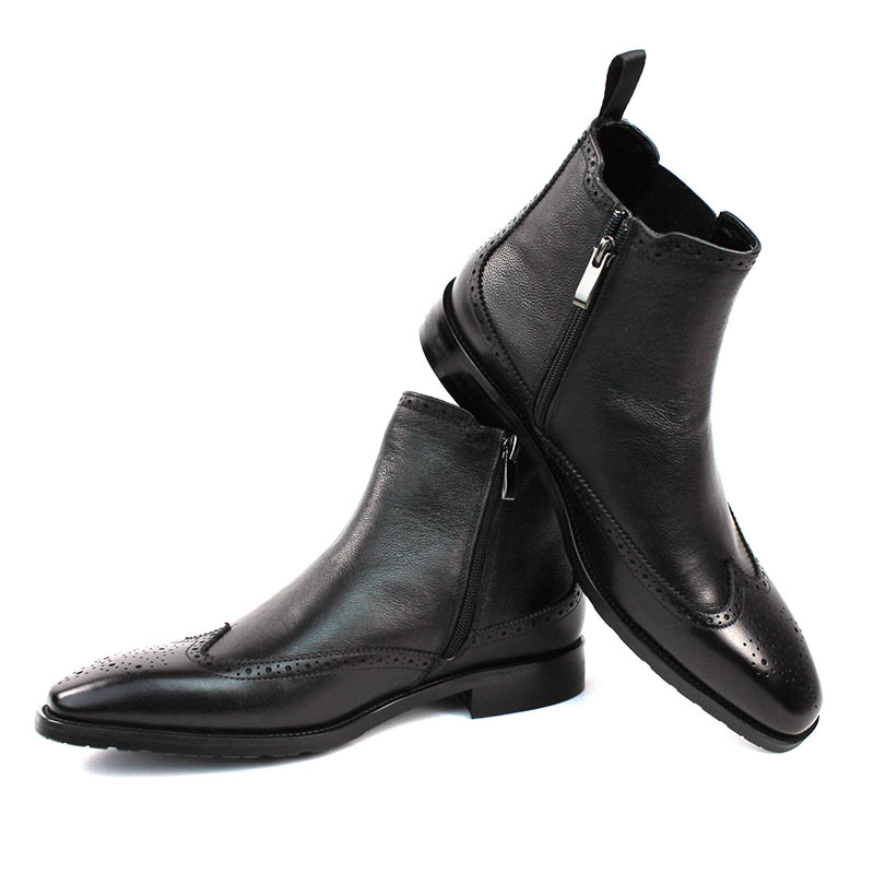 Alternative view of Men's Exclusive Wing Tip Black Genuine Leather Chelsea Boots With Zipper