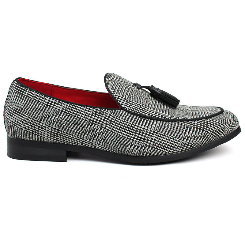 Black Plaid Houndstooth Slip On Loafers With Tassels
