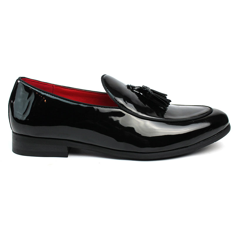 Genuine Patent Leather Black Slip On Loafers With Tassels Tuxedo Shoes