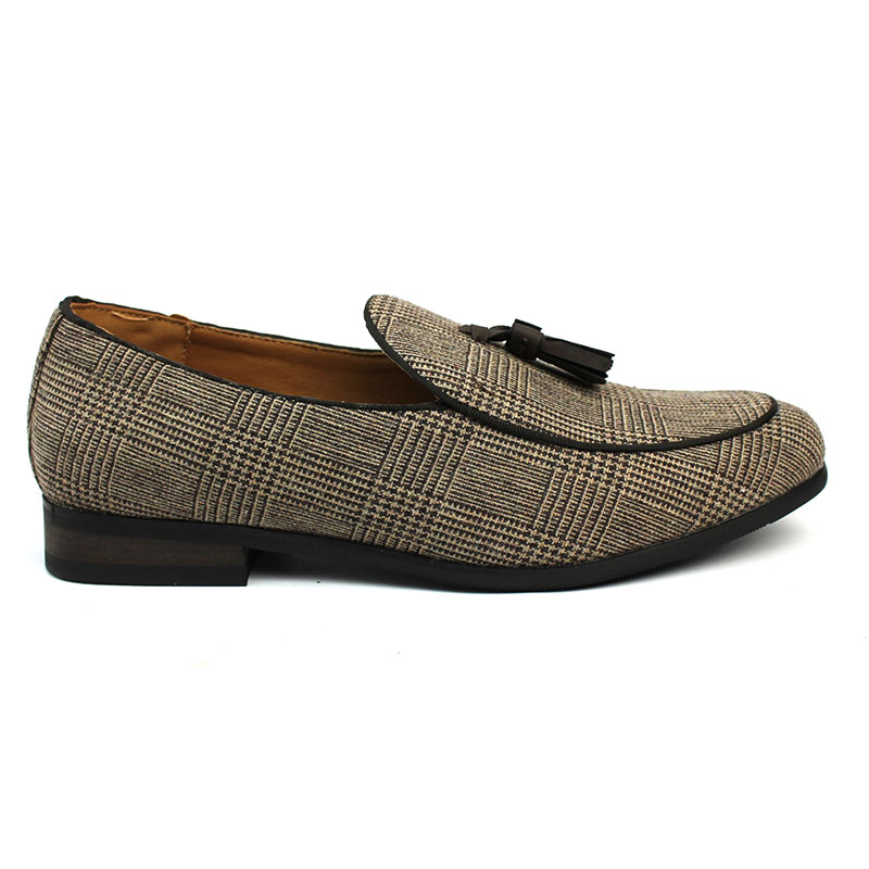 Tan Brown Plaid Houndstooth Slip On Loafers With Tassels