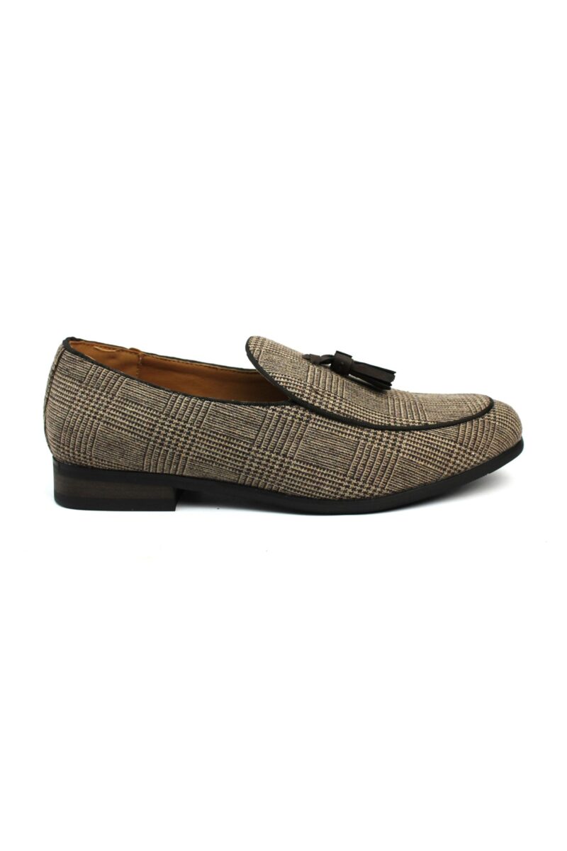 Tan Brown Plaid Houndstooth Slip On Loafers With Tassels