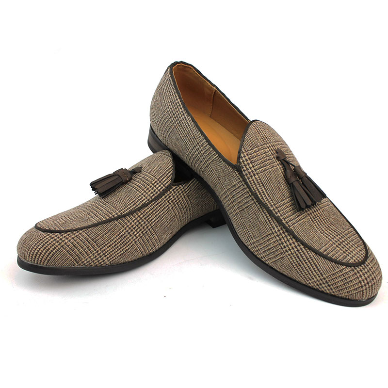 Alternative view of Tan Brown Plaid Houndstooth Slip On Loafers With Tassels