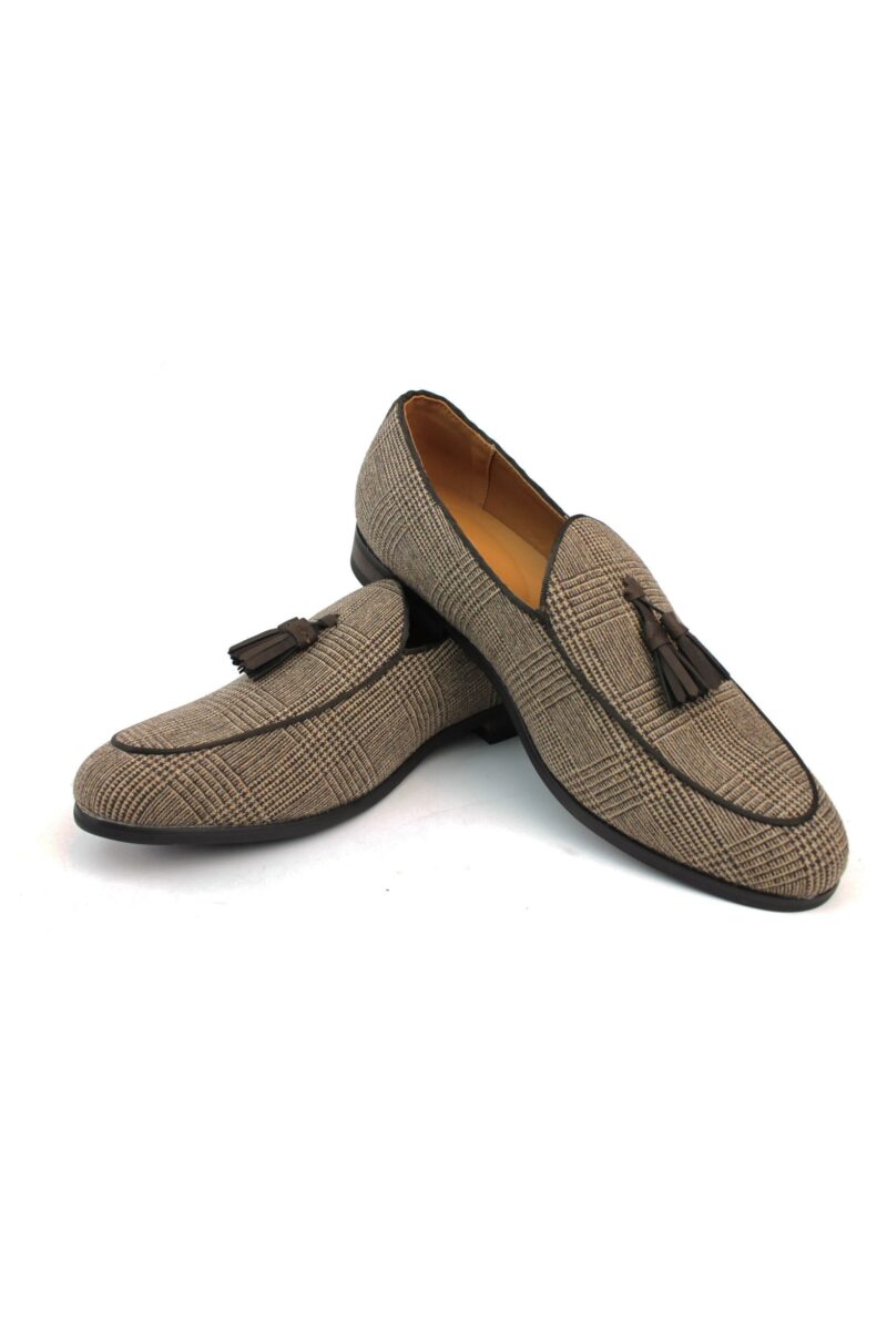 Alternative view of Tan Brown Plaid Houndstooth Slip On Loafers With Tassels