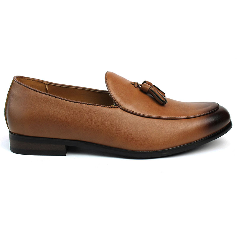 Genuine Leather Cognac Brown Slip On Loafers With Tassels Shoes