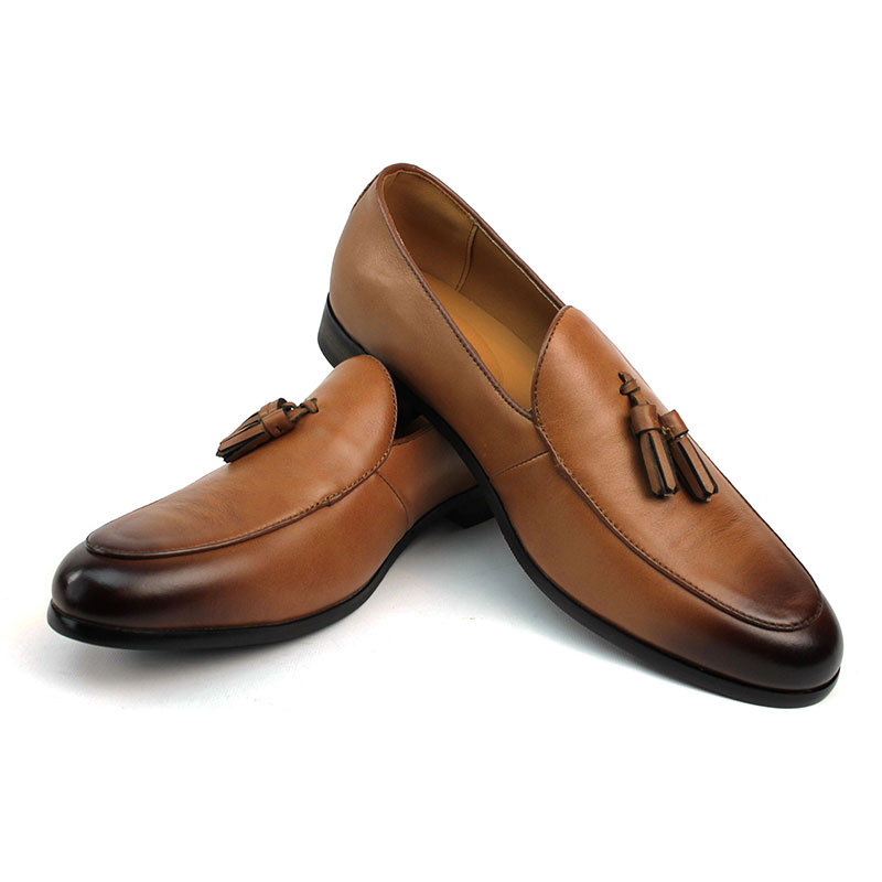 Alternative view of Genuine Leather Cognac Brown Slip On Loafers With Tassels Shoes