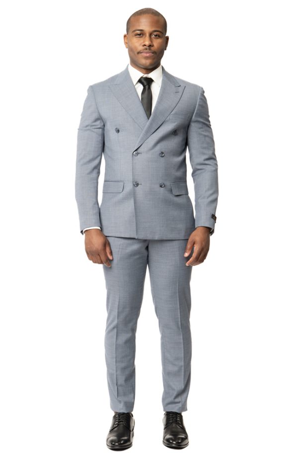 Slim Fit 2 Button Double Breasted Slate Blue/Grey Peak Lapel Solid Men's  Suit 10036 - ÃZARMAN