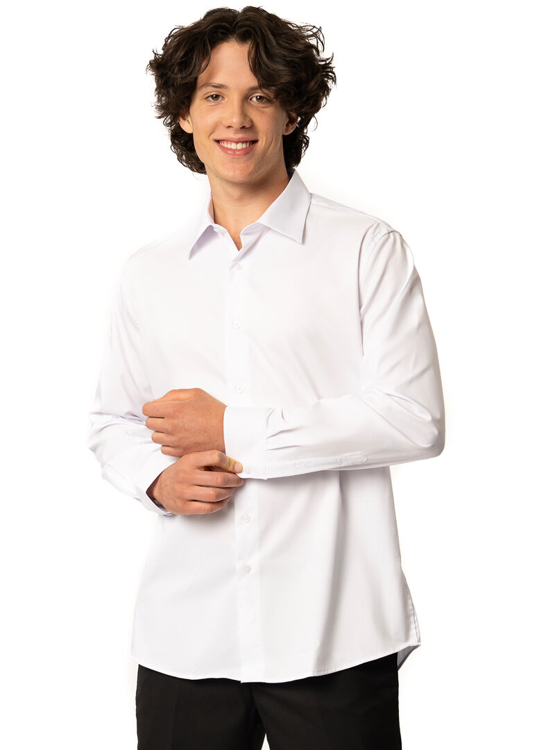 Tailored Slim Fit Solid White Regular Cuff Spread Collar Stretch Cotton Dress Shirt