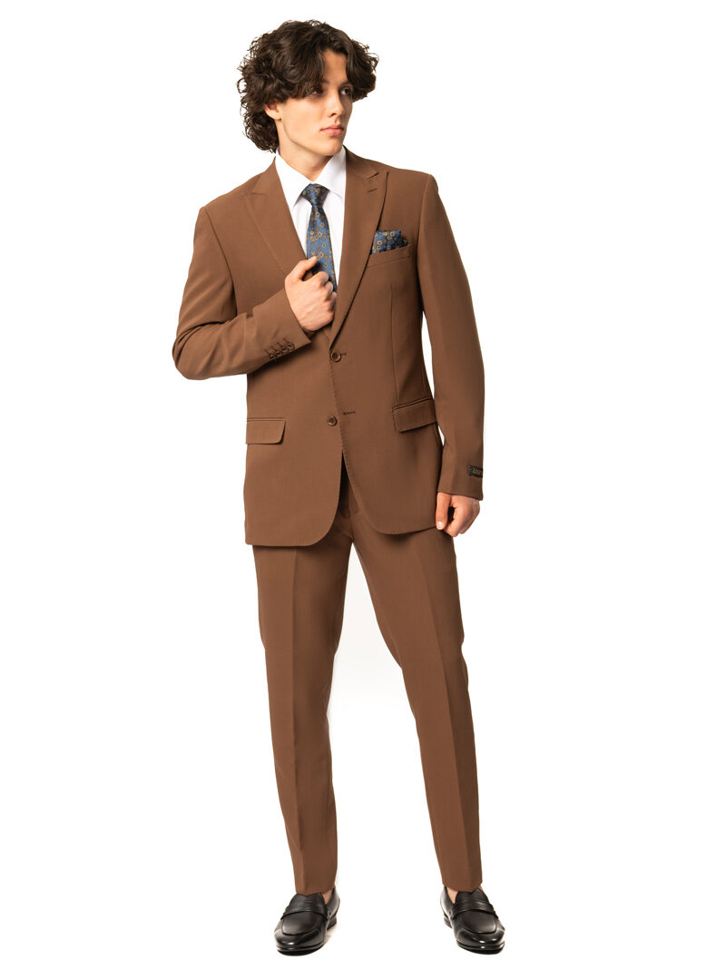 Slim Fit 2 Button Rust Brown Peak Lapel Semi Stretch Suit 9936