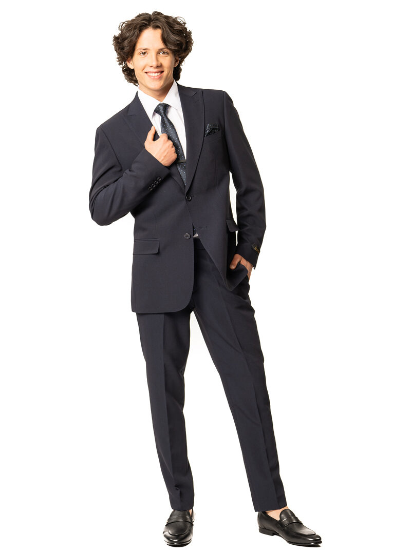 Slim Fit 2 Button Navy Blue Peak Lapel Semi Stretch Suit 9936