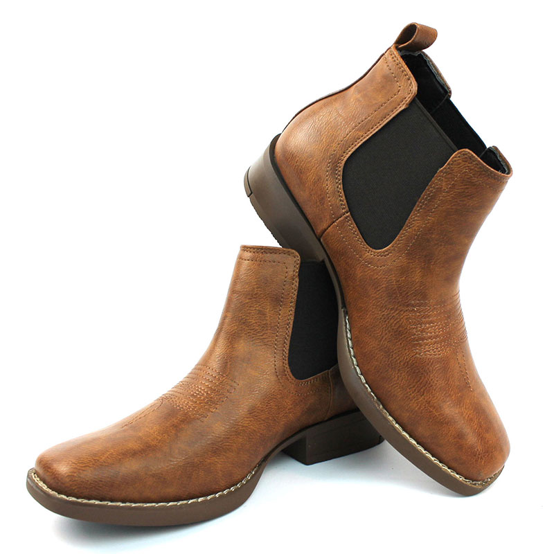 Alternative view of Mens Brown Western Chelsea Cowboy Ankle Boots Square Toe Pull On Leather Block Heel
