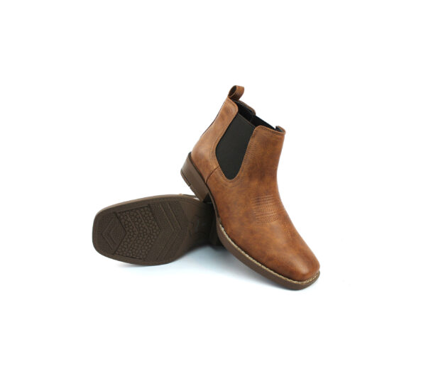 Mens Brown Western Chelsea Cowboy Ankle Boots Square Toe Pull On Leather Block Heel - Image 2