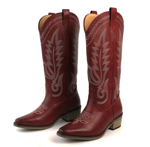 Women's Red Western Cowboy Snip Toe Embroidered Leather Knee High Cowgirl Boots Wide Calf - Image 5