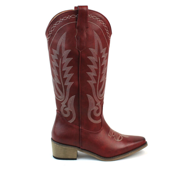 Women's Red Western Cowboy Snip Toe Embroidered Leather Knee High Cowgirl Boots Wide Calf - Image 4