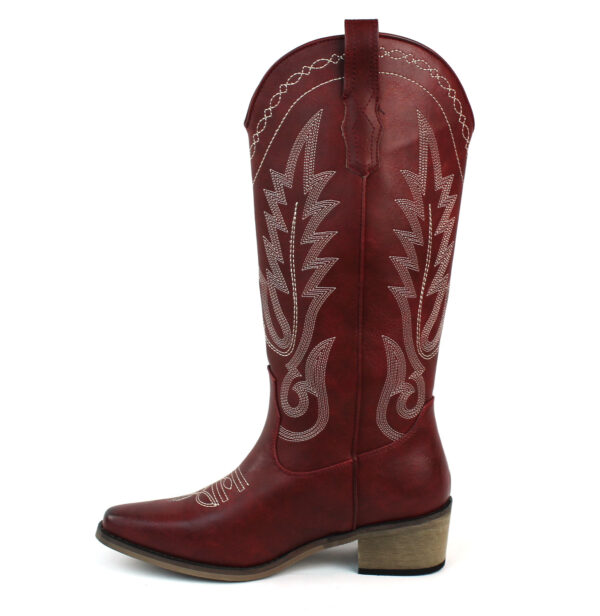 Women's Red Western Cowboy Snip Toe Embroidered Leather Knee High Cowgirl Boots Wide Calf - Image 3