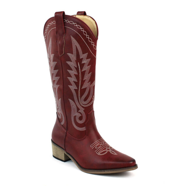 Women's Red Western Cowboy Snip Toe Embroidered Leather Knee High Cowgirl Boots Wide Calf - Image 2