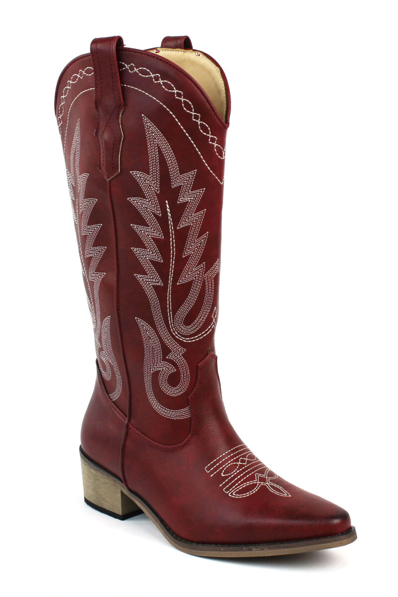 Alternative view of Women's Red Western Cowboy Snip Toe Embroidered Leather Knee High Cowgirl Boots Wide Calf