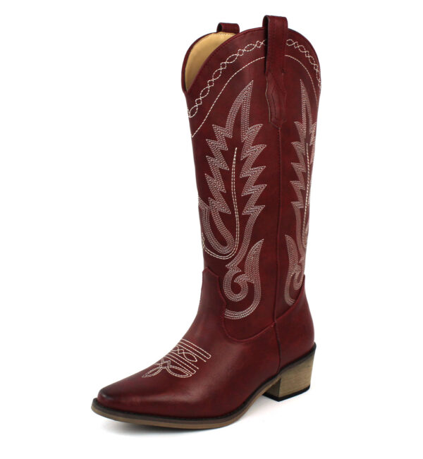 Women's Red Western Cowboy Snip Toe Embroidered Leather Knee High Cowgirl Boots Wide Calf