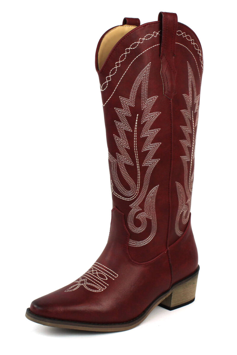 Women's Red Western Cowboy Snip Toe Embroidered Leather Knee High Cowgirl Boots Wide Calf