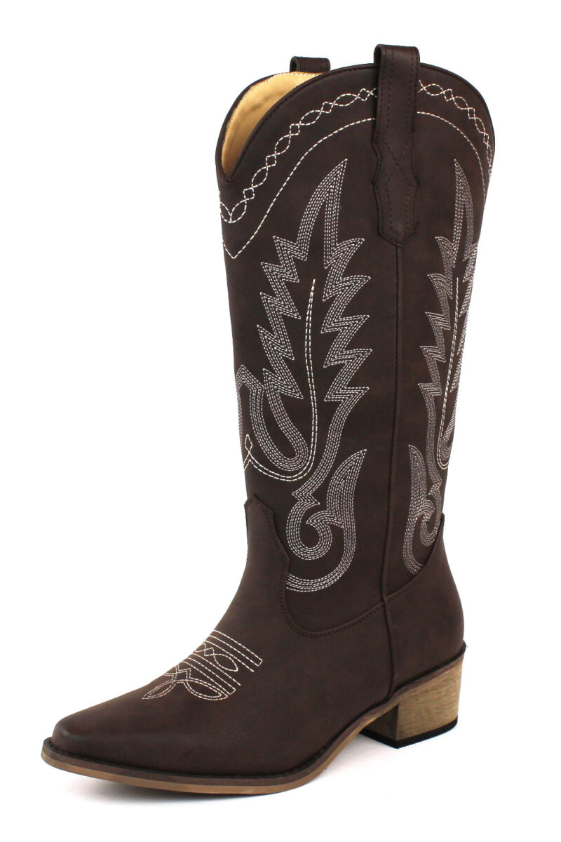 Women's Brown Western Cowboy Snip Toe Embroidered Leather Knee High Cowgirl Boots Wide Calf