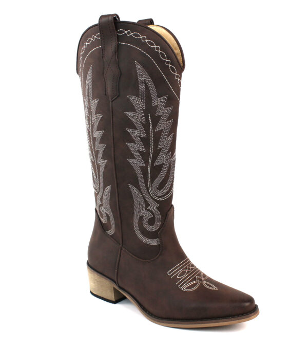 Women's Brown Western Cowboy Snip Toe Embroidered Leather Knee High Cowgirl Boots Wide Calf - Image 2