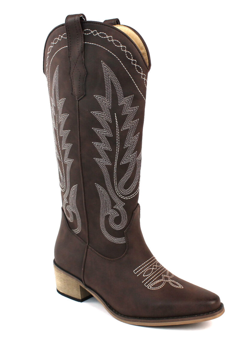 Alternative view of Women's Brown Western Cowboy Snip Toe Embroidered Leather Knee High Cowgirl Boots Wide Calf
