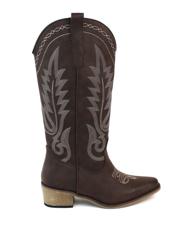 Women's Brown Western Cowboy Snip Toe Embroidered Leather Knee High Cowgirl Boots Wide Calf - Image 4